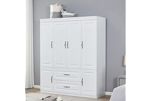 TrendTerrace 4 Door Armoire Wardrobe Closet Cabinet, 2 Drawers Wooden White Cabinet Closet with High Storage Capacity, Closet Wardrobe with 2 Shelves and Hanging Rod 63" L x 20.3" W x 74" H