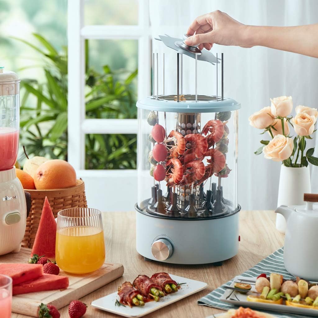 review GEXIN Household 360 ° Automatic Roasting Barbecue, Stepless Knob to Adjust The Temperature, Smokeless, 1100W (Light Blue)