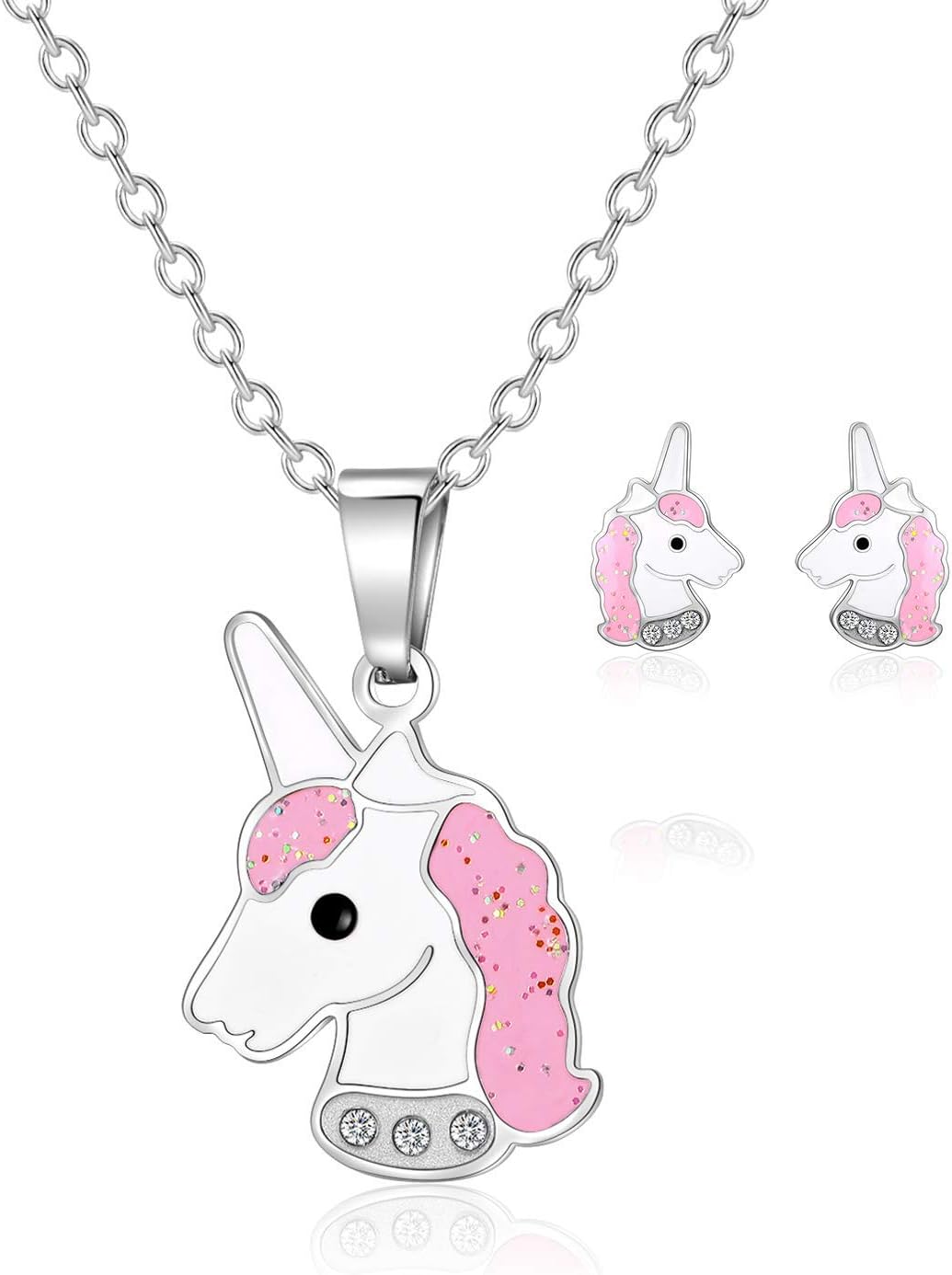 FUNLMO Pink Pony Unicorn Necklace & Sparkling Horse Stud Earrings for Little Girls Princess Unicorn Fantasy jewelry Set Holiday Gift for Your Child