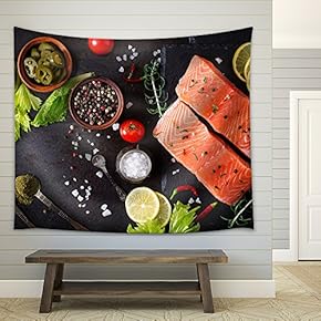 Raw Salmon Fillet and Ingredients for Cooking on a Dark Background in a Rustic Style. Top View - Fabric Wall Tapestry Home Decor - 51x60 inches