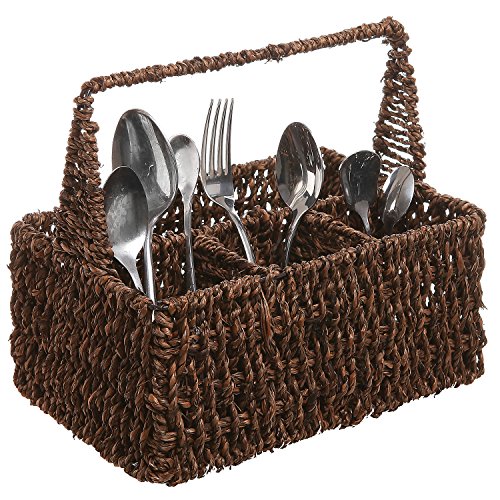 MyGift Brown Hand Woven Seagrass 4 Compartment Home Storage Basket