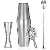 Professional Cocktail Shaker, Professional 5-Piece Bartender Kit with Boston Shaker, Hawthorne Strainer, Double Measuring Cocktail Jigger, and 10-inch Mixing Spoon, Stainless Steel Martini Shakers