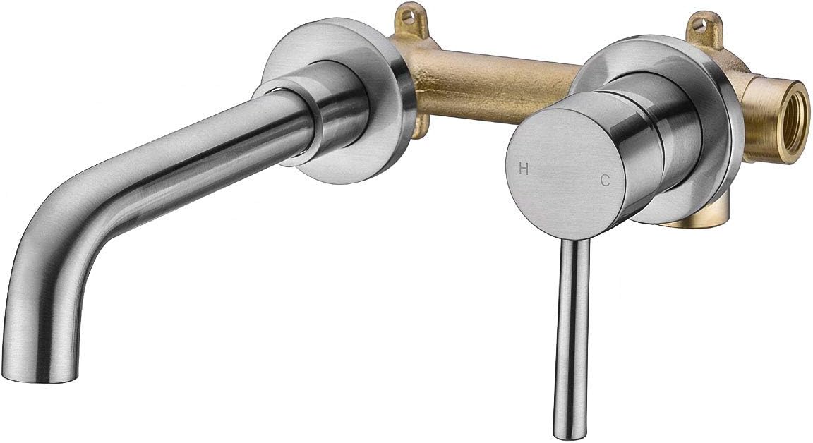 HANEBATH Brass Wall Mount Bathroom Faucet, Brushed Nickel Single Handle Sink Faucet with Rough-in Valve