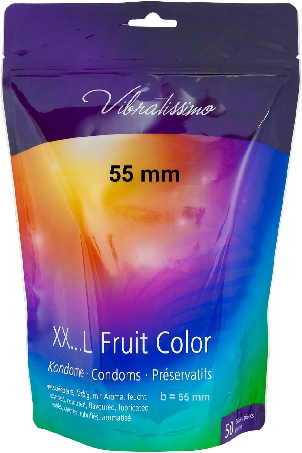 VIBRATISSIMO Fruit Coloured Condoms 50-Pack I Feel-Real & Extra Lubricated I for Men I Resealable Condoms Bag I Ultra-Thin I w=55mm