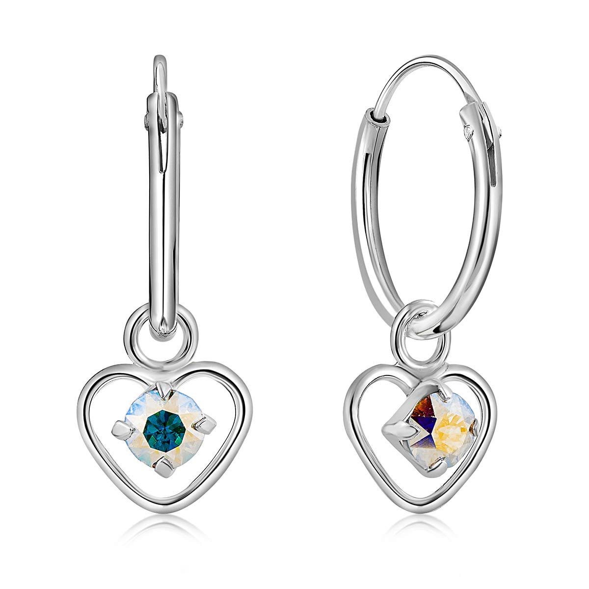 925 Sterling Silver Small Hoops Earrings with Dangling Round Crystals 3 mm - Aurora Borfealis Earrings - Thickness 1.5 mm - Diameter: 12 mm — image 1