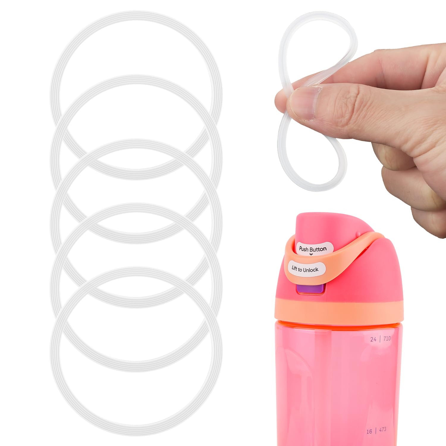Photo 1 of 6 Pack Water Bottle Gasket Replacement for Owala FreeSip, Silicone Lid Seal O Ring Sealing Gaskets Replacement Parts Accessories Compatible with Owala Stainless Steel Cup (Clear)