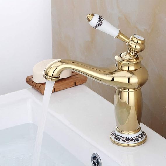 YCEOT Grifo monomando de latón para baño, dorado con decoración de