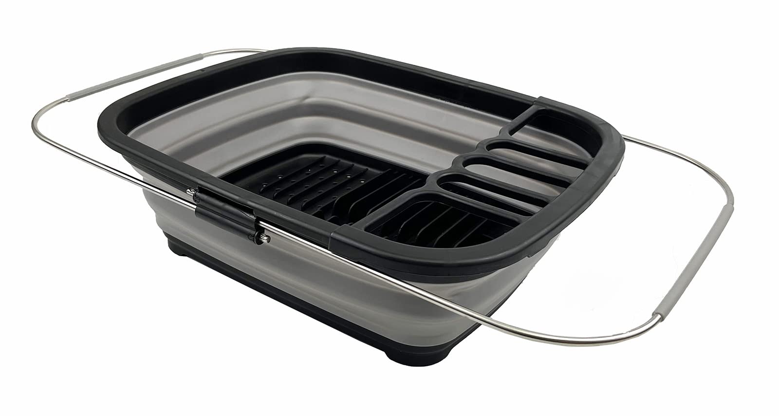 SAMMART 8L Expandable Collapsible Plastic Dish Drainer - Foldable Drying Rack - Portable Dinnerware Organizer - Space Saving Kitchen Storage (Black/Alloy Grey)