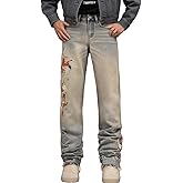 Floral Embroidered Jeans for Men Straight Leg Y2k Vintage Washed Stretch Denim Pants Raw Hem Hip Hop Street Trousers