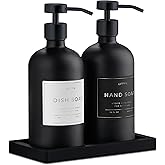 Glass Soap Dispenser Set of 2 (Black) with Silicone Tray | Hand and Dish Soap Dispenser for Kitchen and Bathroom | 16.8 Oz Glass Bottles with Stainless Steel Pump & 15 Waterproof Labels (Black)