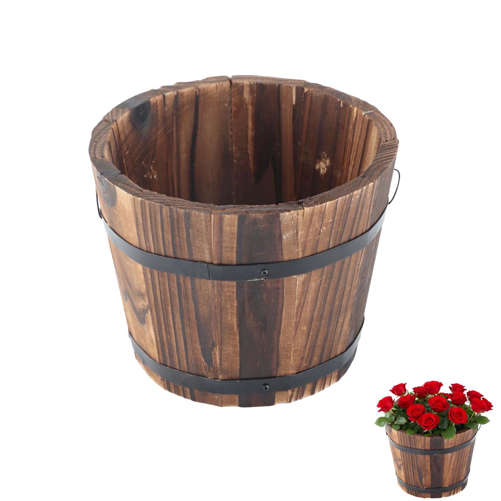 Verdant Touch Wood Barrel Planter, Solid Wood Plant Pot, Multi-functional Indoor Outdoor Use, 3 Sizes