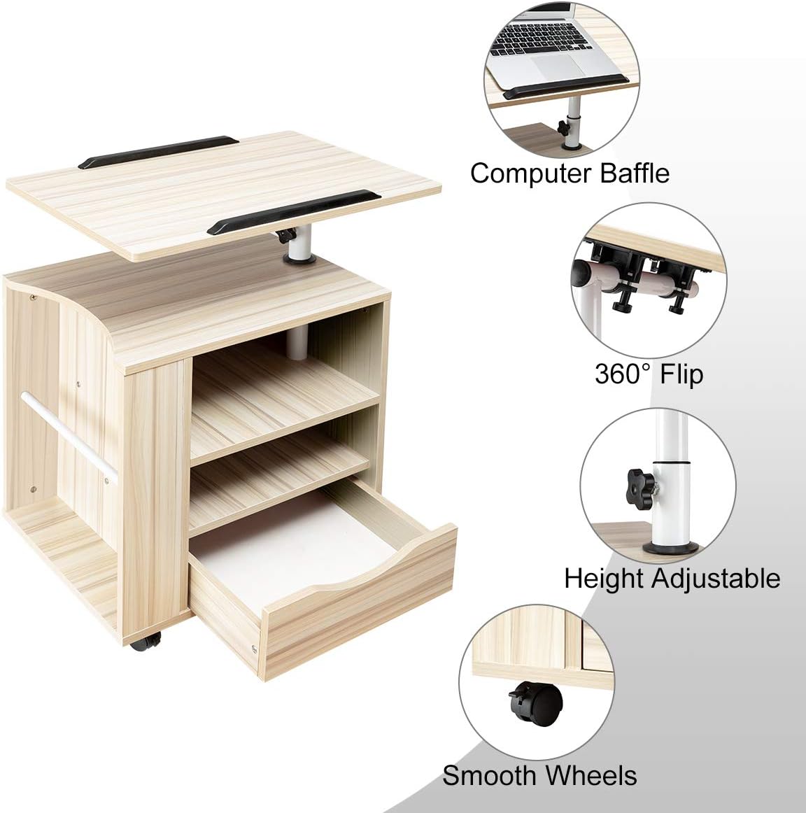 SIDUCAL Multifunctional Bedside Table Height Adjustable & Swiel Wooden Nightstand with Drawers, Rolling Laptop Desk Computer Table, Beige (Right Side): Furniture & Decor