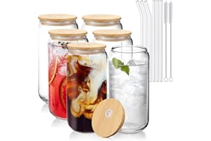 OVHayi Glass Cups with Bamboo Lids, 16oz Glasses Drinking Set 6pcs, BeerCan Shaped Glass Cups, Iced Coffee Cup,Drinking Glass