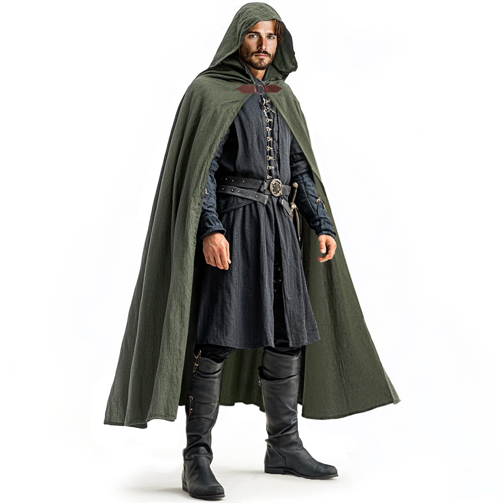 Photo 1 of Ibeauti Renaissance Hooded Cloak Linen Cloak Halloween Medieval Costume Cape Women Men (Green)
