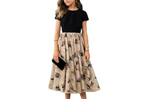Seechoslo New 8-14Years Girls Elegant Dress Short Sleeve A-Line Floral Midi Party Special Occasion