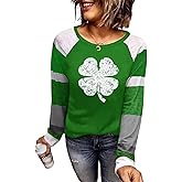 St. Patricks Day Shirts Women Funny Plaid Leopard Shamrock Graphic T-Shirt Vintage Color Block Splicing Long Sleeve Tops
