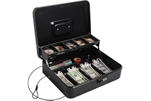 LOVNDI Cash Box with Combination Lock, Money Safe for Cash, Lock Box with Security Cable 11.8 x 9.5 x 3.54 Inches, Black