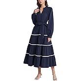 D-Sun Women's Wedding Guest Holiday Party Dresses Long Sleeve V Neck Flowy Elegant Tied Waist Maxi Dress with Pockets
