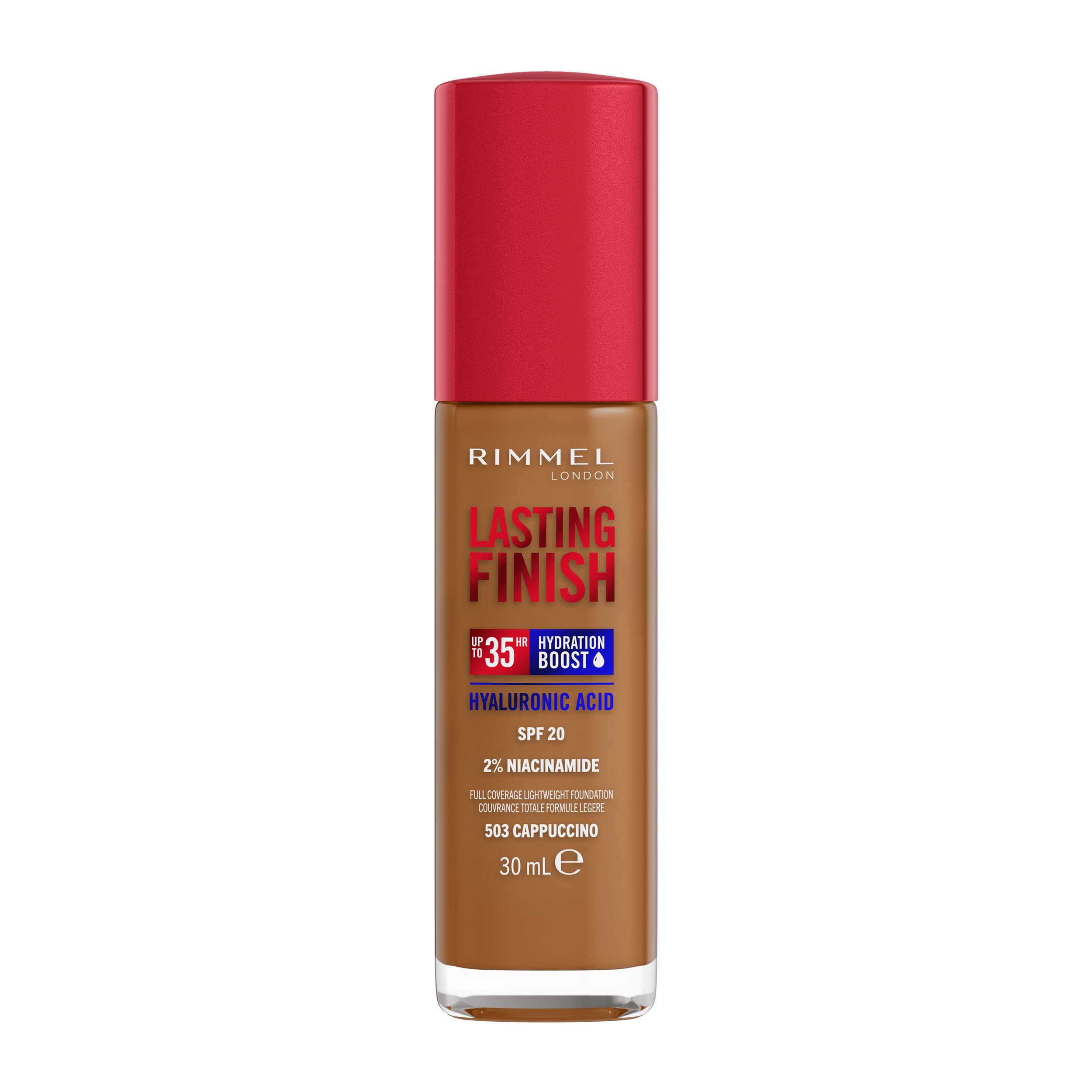 Rimmel Lasting Finish 35Hr Foundation 503 Cappuccino, Full Coverage, Hydrating, SPF20, Hyaluronic Acid, Vitamin E, 2% Niacinamide, All Day Wear, Vegan, Cruelty Free
