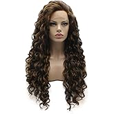 Lushy Long Curly Brown Blonde Mix Wig Heavy Density Heat Resistant Synthetic Lace Front Wig