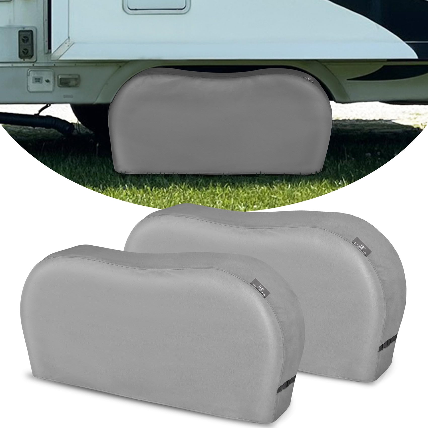 Photo 1 of Explore Land Tough Dual Axle Tire Cover for Truck SUV Trailer Camper RV - Heavy Duty Wheel Protector Universal Fit Tire Diameters 29''-31.75'' 2 Pack (Charcoal, L)