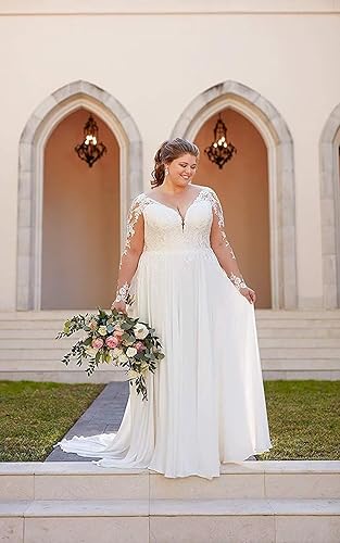 Clothfun Womens Long Sleeve Lace Beach Wedding Dress 2024 V-Neck