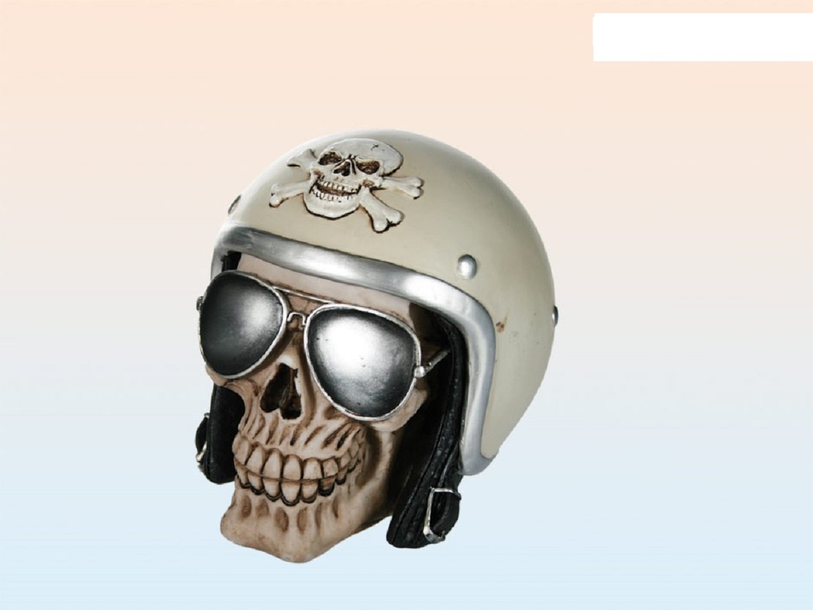 OOTB Polyresin savings bank, Skull with motorcycle helmet & sunglasses