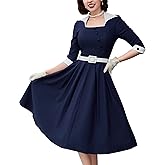 MUXXN Women's 50s Retro Casual Swing Midi Dress 3/4 Sleeve Square A Line Neck Vintage Cocktail Wedding Guest Bodycon Prom