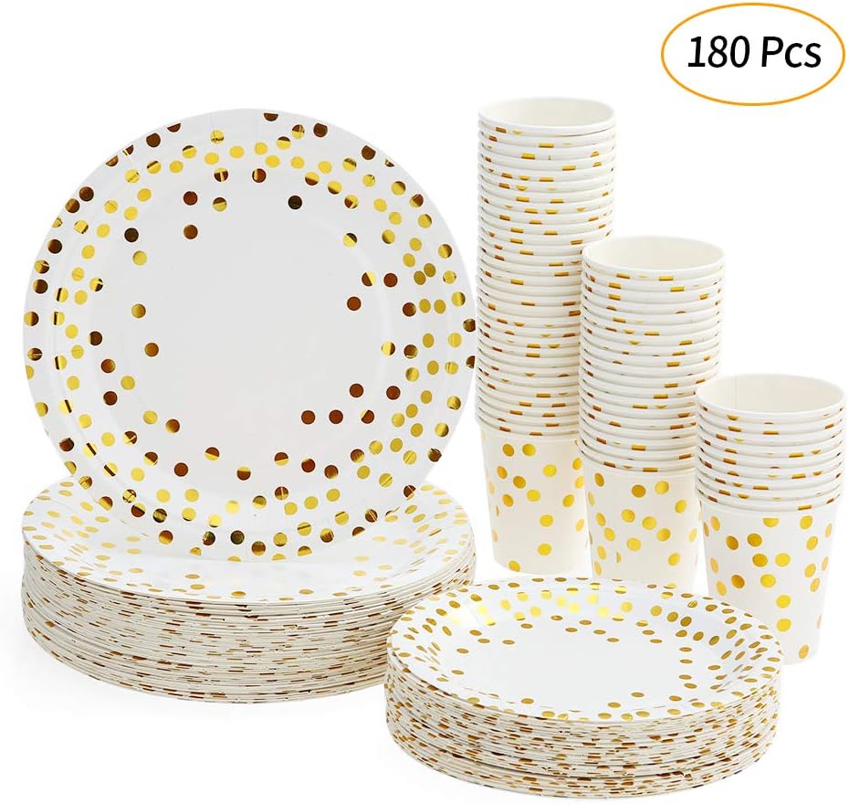 Disposable Plates Cups, Esonmus 60pcs 9oz Paper Cups 60pcs 7" Plates 60pcs 9" Plates Set of 180pcs Paper Cups Plates for Picnics and Parties,Dinner Dessert Plates for Children Adults (180PCS)