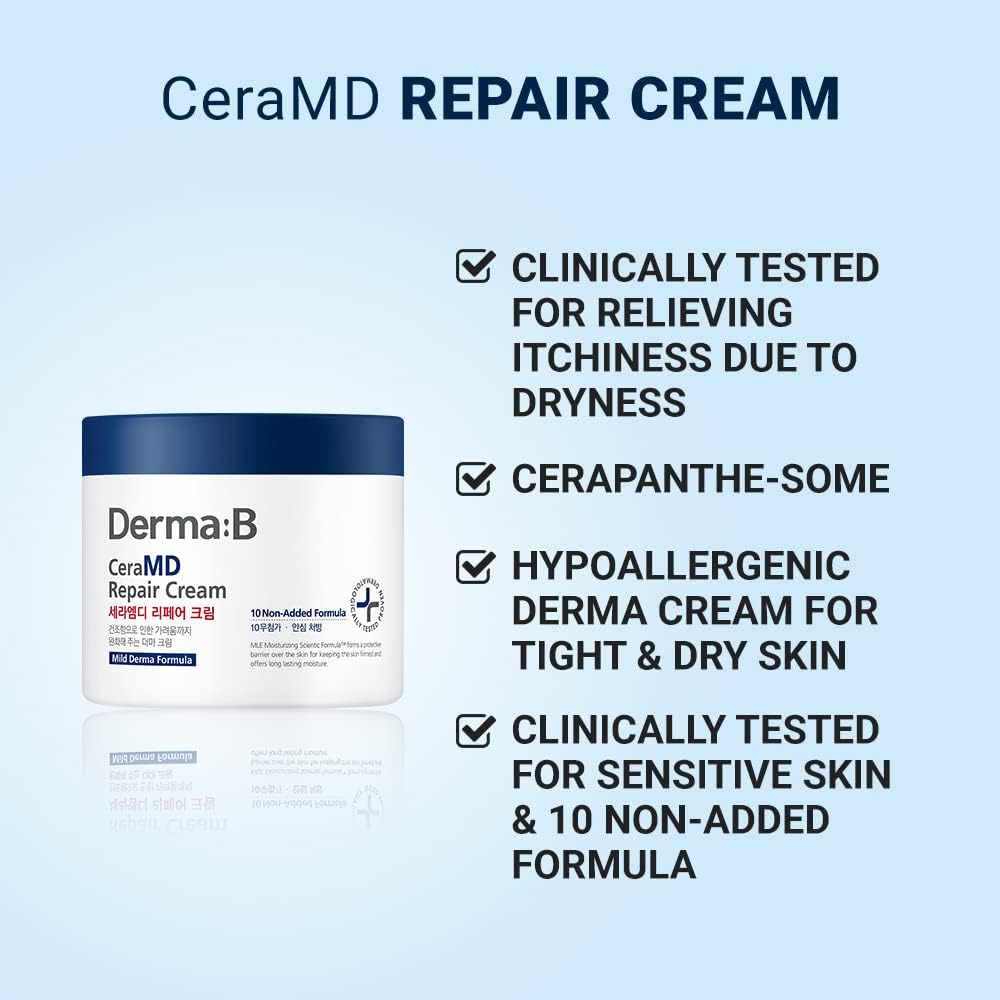 Derma B CeraMD Repair Body Cream | Unscented Hydrating & Moisturizing Cream for Dry Skin | Relieves Itchiness | Fragrance Free with Ceramide & Panthenol | Korean Skin Care | 14.54 fl oz (430ml)