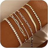DEARMAY Waterproof Gold Plated Bracelets Set for Women Trendy, Dainty 14K Gold Jewelry Fashion Stackable Tennis Beaded Figaro Herringbone Paperclip Link Bracelet Pack Stack Gifts for Women