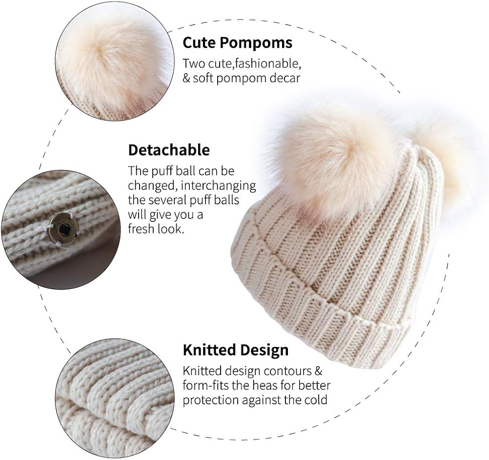 Womens Double Pom Pom Winter Beanie Bobble Hat Knitted Faux Raccoon Fur Detachable Ball Cap Adult Skull Hat Beige At Amazon Women S Clothing Store