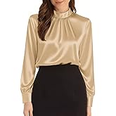 Neweek Womens Satin Blouses Long Sleeve Mock Neck Elegant Pleated Silk Shirts Tops for Business Casual Work