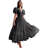 Zepumen 3D Butterfly Prom Dress for Teens Puffy Sleeve V Neck Tea Length Formal Evening Party Gown