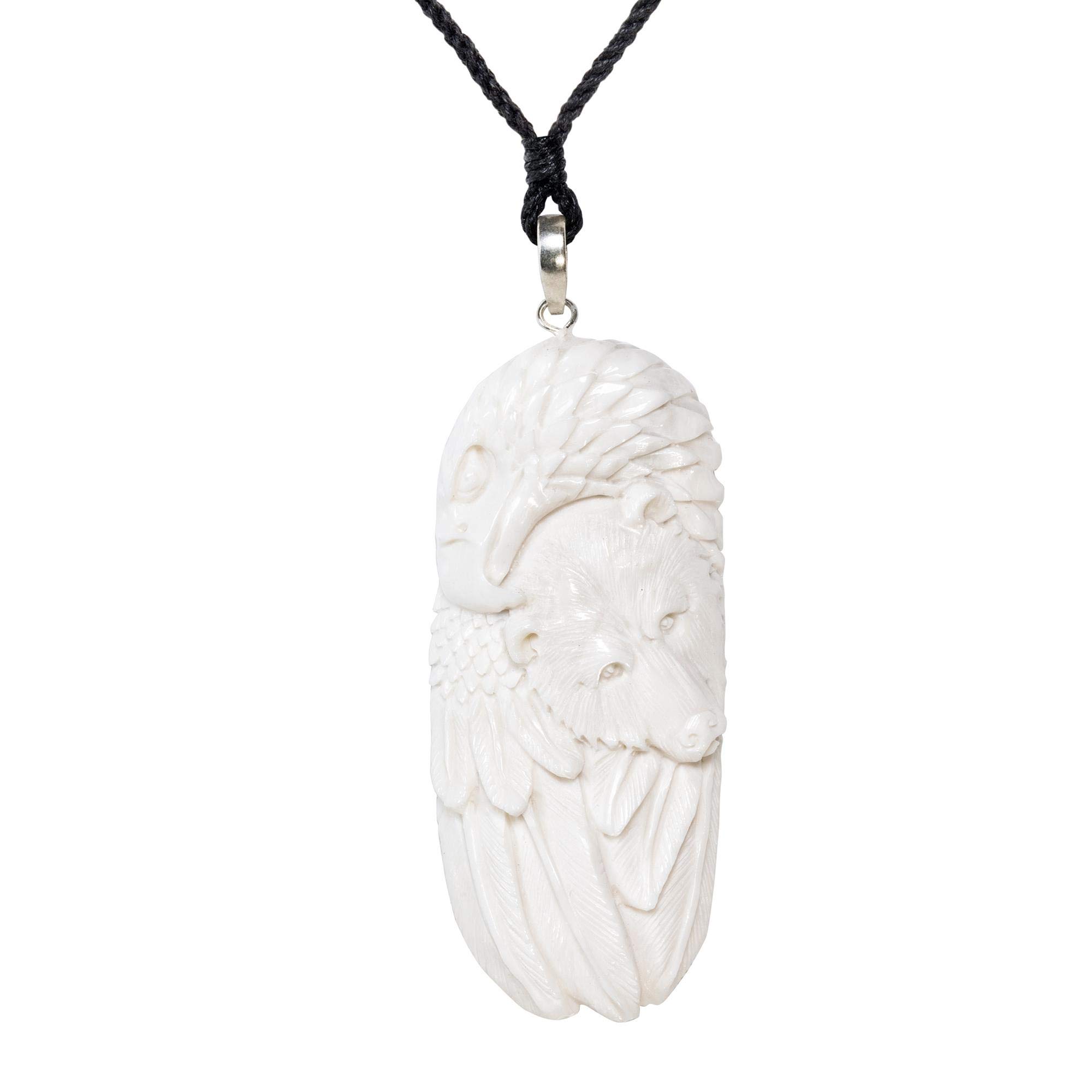 81stgeneration 925 Silver Hand-Carved Bone Bear and Eagle Spirit Totem Amulet Necklace – Natural Bone Tribal Pendant - Shamanic Talisman for Men and Women - Western Cowboy Jewellery - Cord Necklace