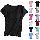 JiXiang Shirt with Built in Bra Women Workout Crew Neck Padded Tops Cute Casual T-Shirt Plus Size Soft Comfy Athletic Tees