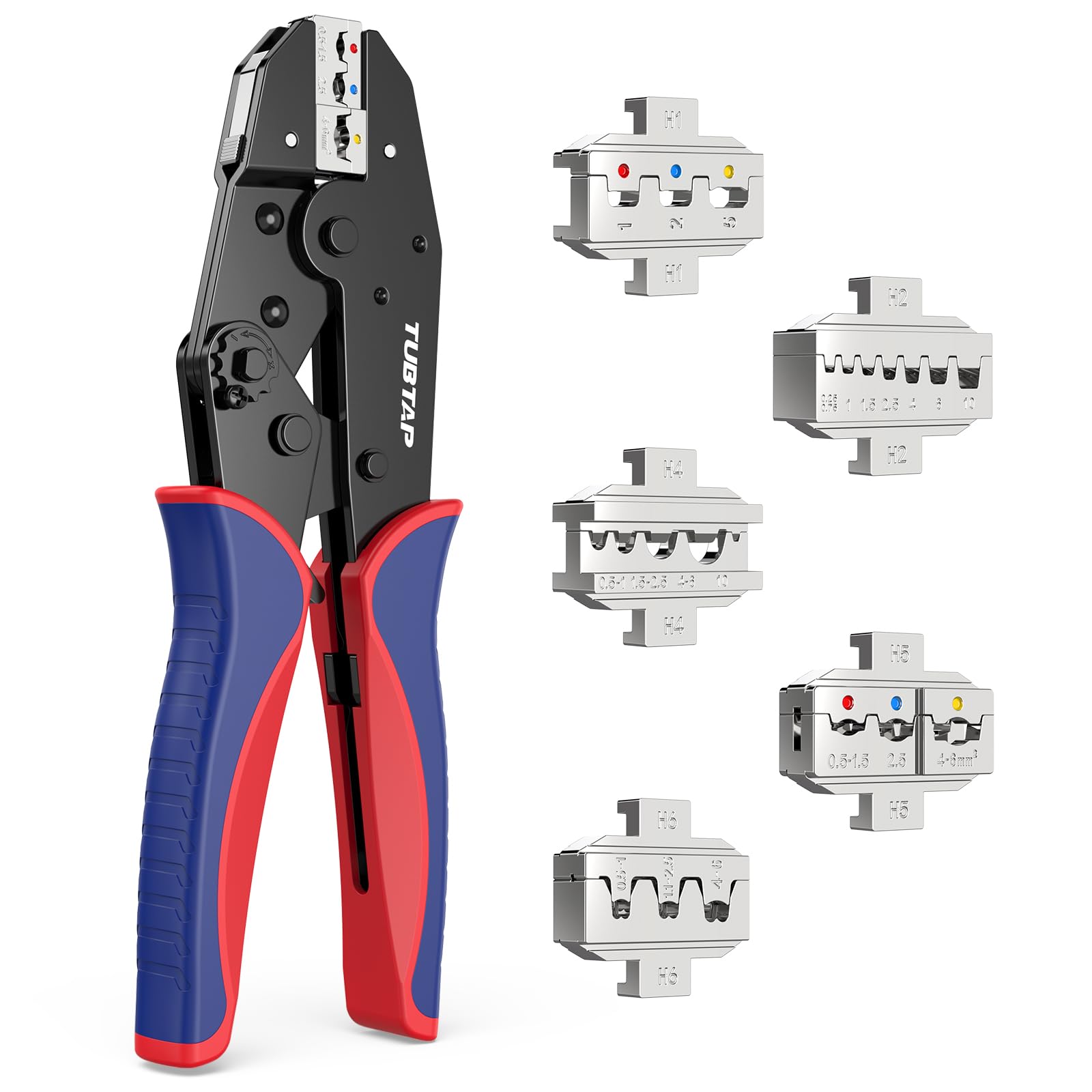 5-teiliges Crimpzange Set - TUBTAP® Crimpzange für isolierte & nicht isolierte Kabelschuhe, Schrumpfschläuche, Aderendhülsen – Krimperzange, Aderendhülsenzange - mit Wechselbacken
