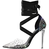 MissHeel Clear and Black Pump Heels Sandals with Rhinestones