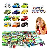 Toys Pull Back Vehicles, Car Toys with Play Mat, 12 Pcs Mini Car Toy Set,  28 Pcs Road Signs and Parking Playmat, Vehicles Truck Mini Car Toys for Kids Toddlers Boys Child, Go Car Toy Play Set