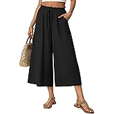 Anyhold Women's Capri Palazzo Pants High Waisted Wide Leg Adjustable Drawstring Loose Fit Summer Beach Pants Pockets
