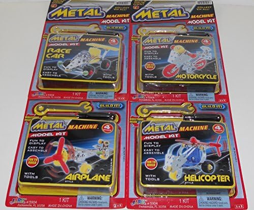 Metal Machine Model Kit 4 Piece Collection (Helicopter, Motorcycle, Airplane and Race Car)
