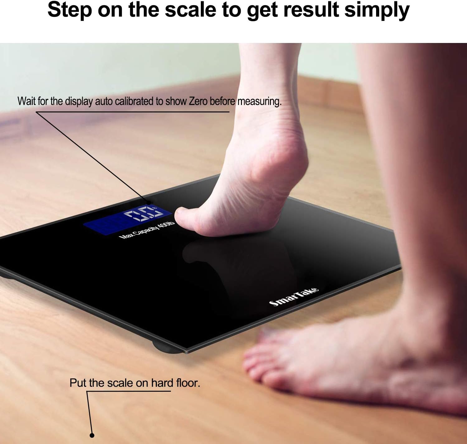Weight Scale, SmarTake Precision Digital Body Bathroom Scale with Step-On Technology, 6mm Tempered Glass Easy Read Backlit LCD Display, Body Tape Measure Included, 400 Pounds, Black: Health & Personal Care