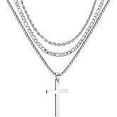 HSWYFCJY 3Pcs Set Cross Necklace for Men, Mens Cross Necklace Cross Chain Layered Stainless Steel Rope Figaro Chains for Women Boys Gold Silver Black (20inch/22inch)