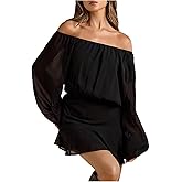 Floerns Women's Off The Shoulder Chiffon Dresses Lantern Long Sleeve Festival Party Mini Dress