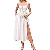 KUTUMAI Floral Corset Midi Dresses for Women Flowy Slit Lace Up Summer Tea Party Wedding Guest Dress with Pockets