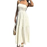 WDIRARA Women's Summer Vacation Tiered Ruffle Swing Maxi Dress Square Neck Smocked Cami Sundress