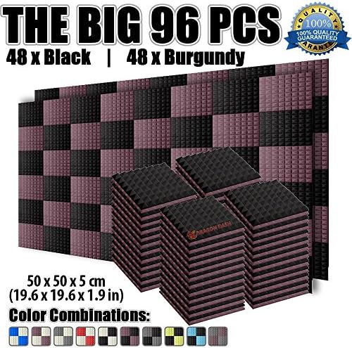 Dragon Dash 96 Pack of 19.6" X 19.6" X 1.9" Inches Black and Burgundy Acoustic Soundproofing Pyramid Foam Studio Treatment Wall Panel Tiles DD1034 (BLACK & BURGUNDY)