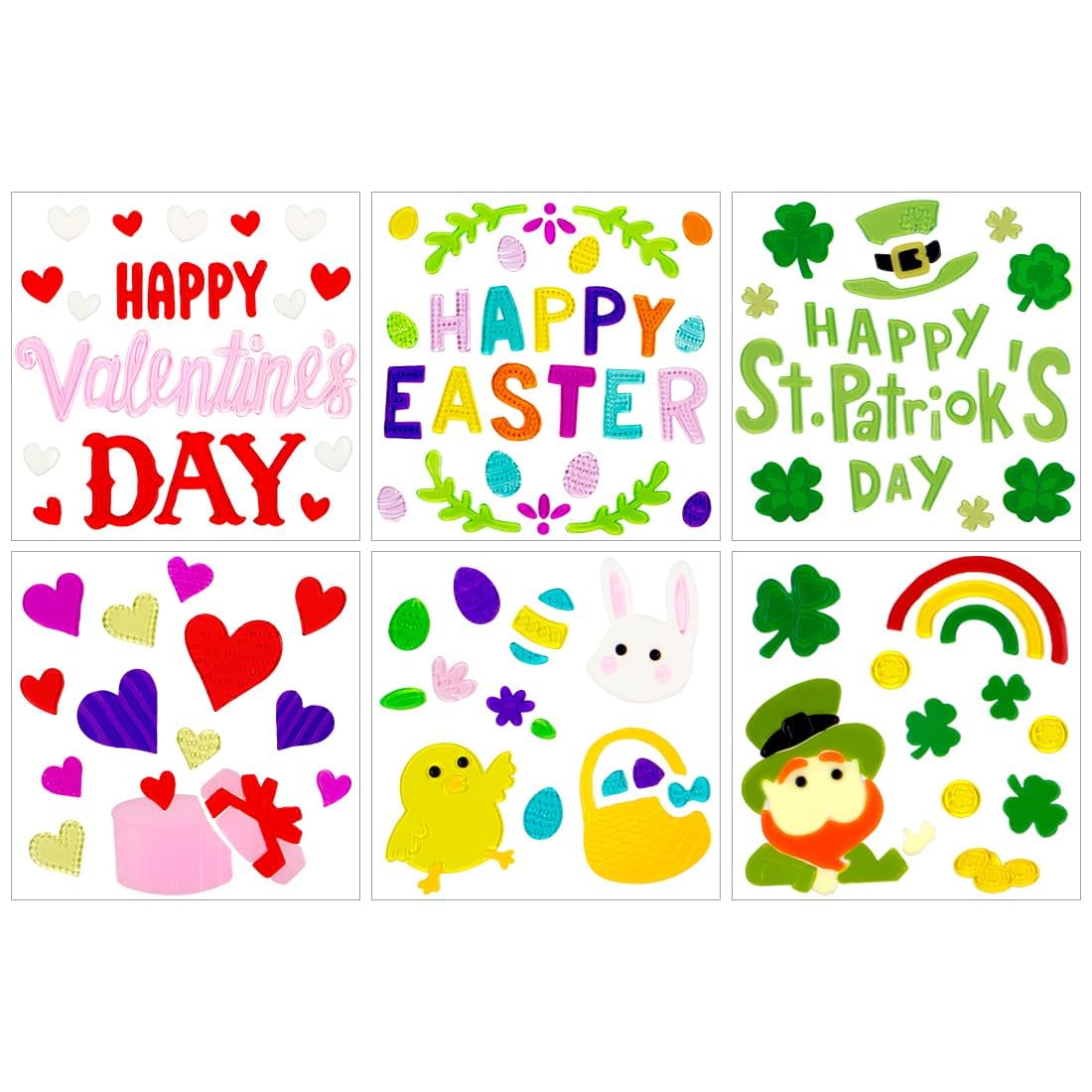 6 Sheets Holiday Gel Window Clings, Reusable Stickers for Valentines Day, Easter and St Patricks Day with Hearts, Bunnies and Shamrocks