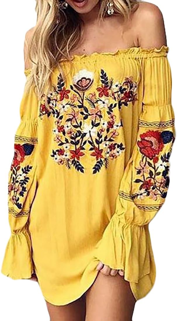 Fulok Womens Summer Print Long Sleeve Off Shoulder Top Dress