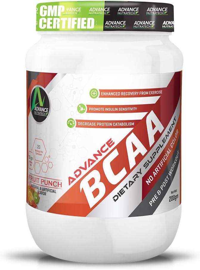 ADVANCE NUTRATECH Fruit Punch 2: 1: 1, Bcaas Branched Chain Amino Acid Supplements Pre Workout Powder Energy Drink for Men And Women, Light Red, 200 g, 200g